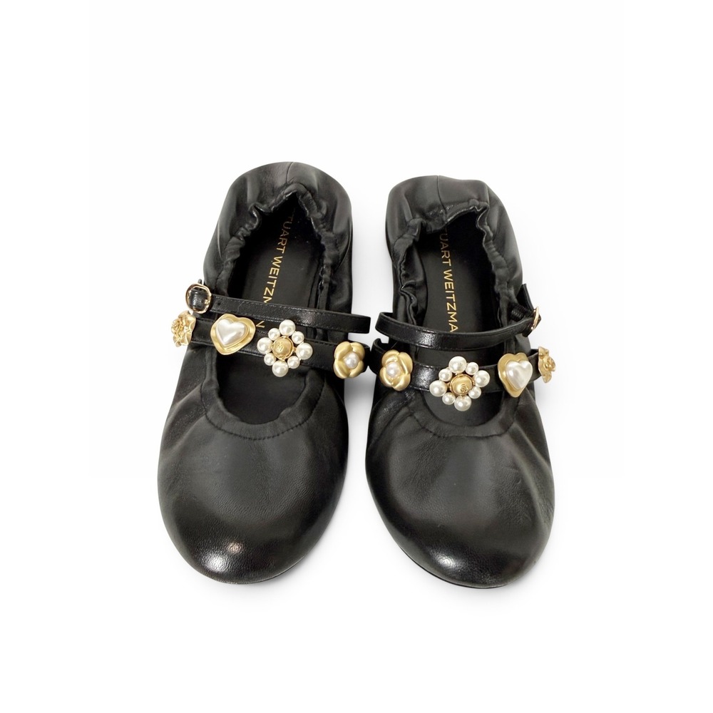 Stuart Weitzman Socharming Black Leather Mary Jane Charm Ballet Flats Size 8